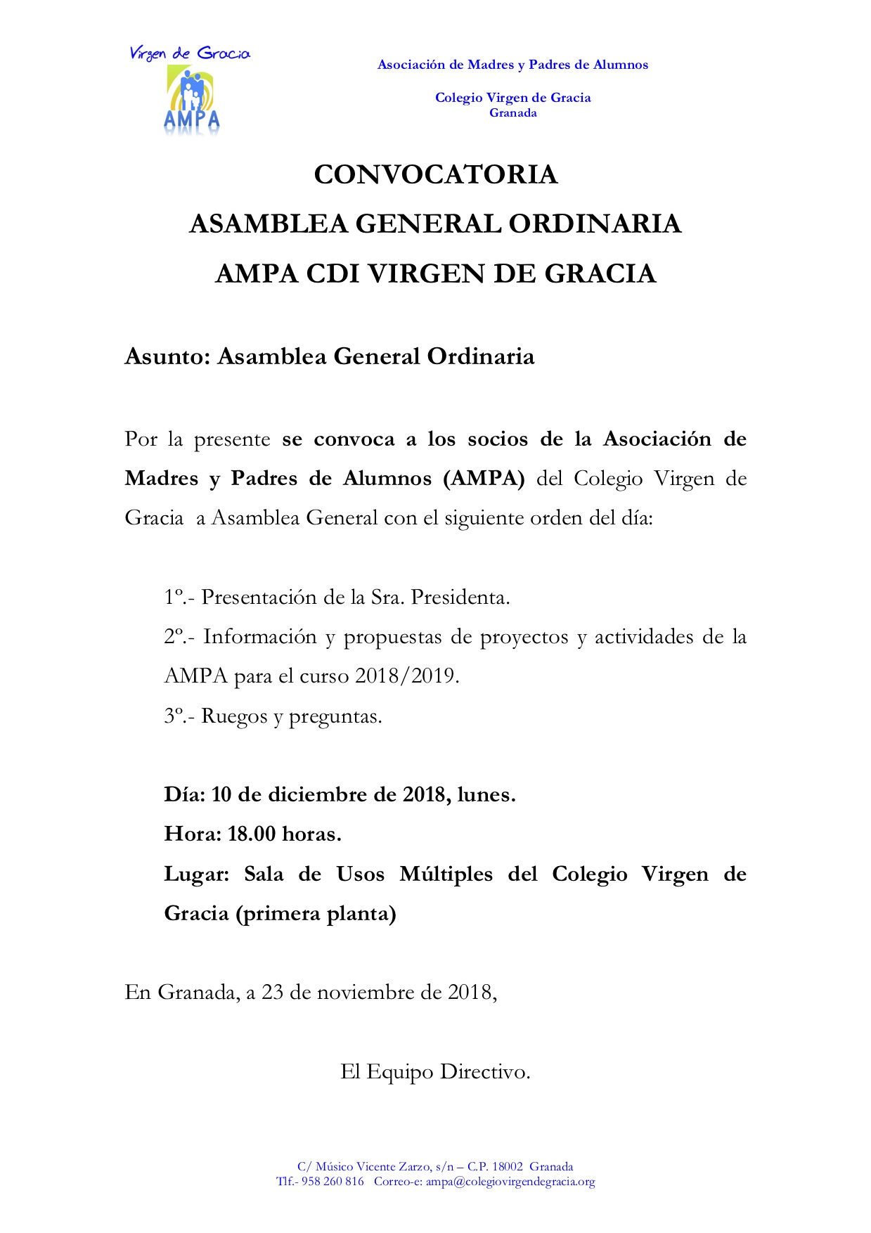 Convocatoria Asamblea General Ordinaria AMPA - Colegio Virgen De Gracia ...